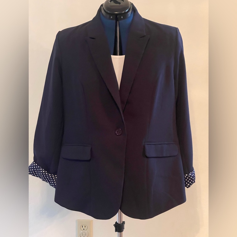 City Chic Navy Blazer with navy and white polka dot lining. Like new.